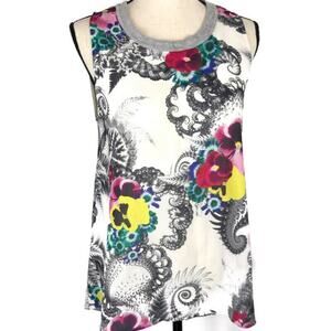 Zara Floral Keyhole Blouse Back Sleeveless Tunic Womens Sz Med Crewneck White